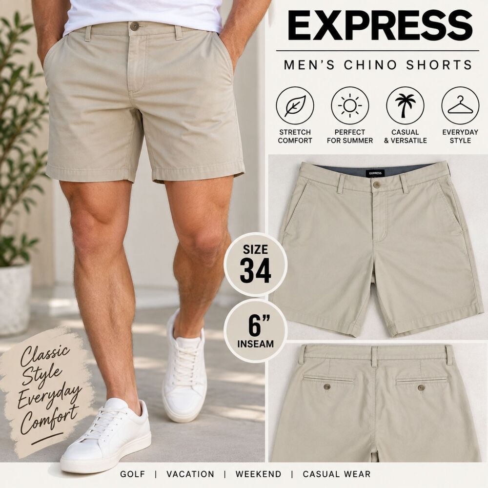 Express Men's 34 Khaki Chino Shorts 6" Inseam Flat Front Preppy Summer Stretch